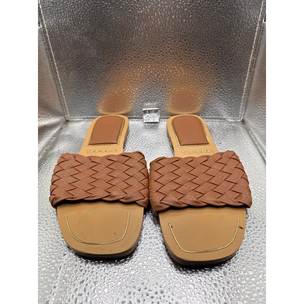 Tahari Tan Woven Braided Strap Flat Slide Sandals Women's